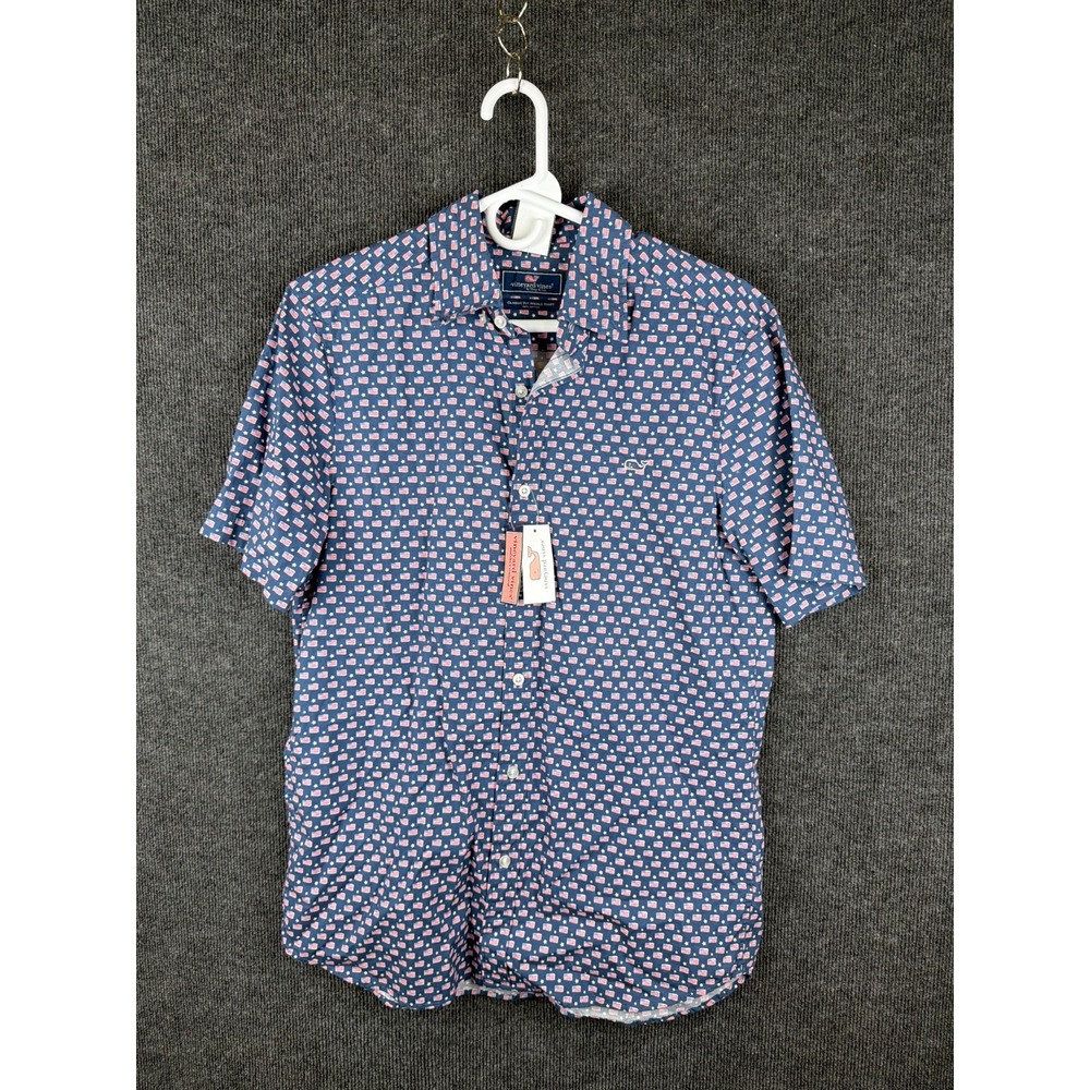 Vineyard Vines Shirt Mens Small S NWT Flags Stars Moonshine Blue Poplin SS